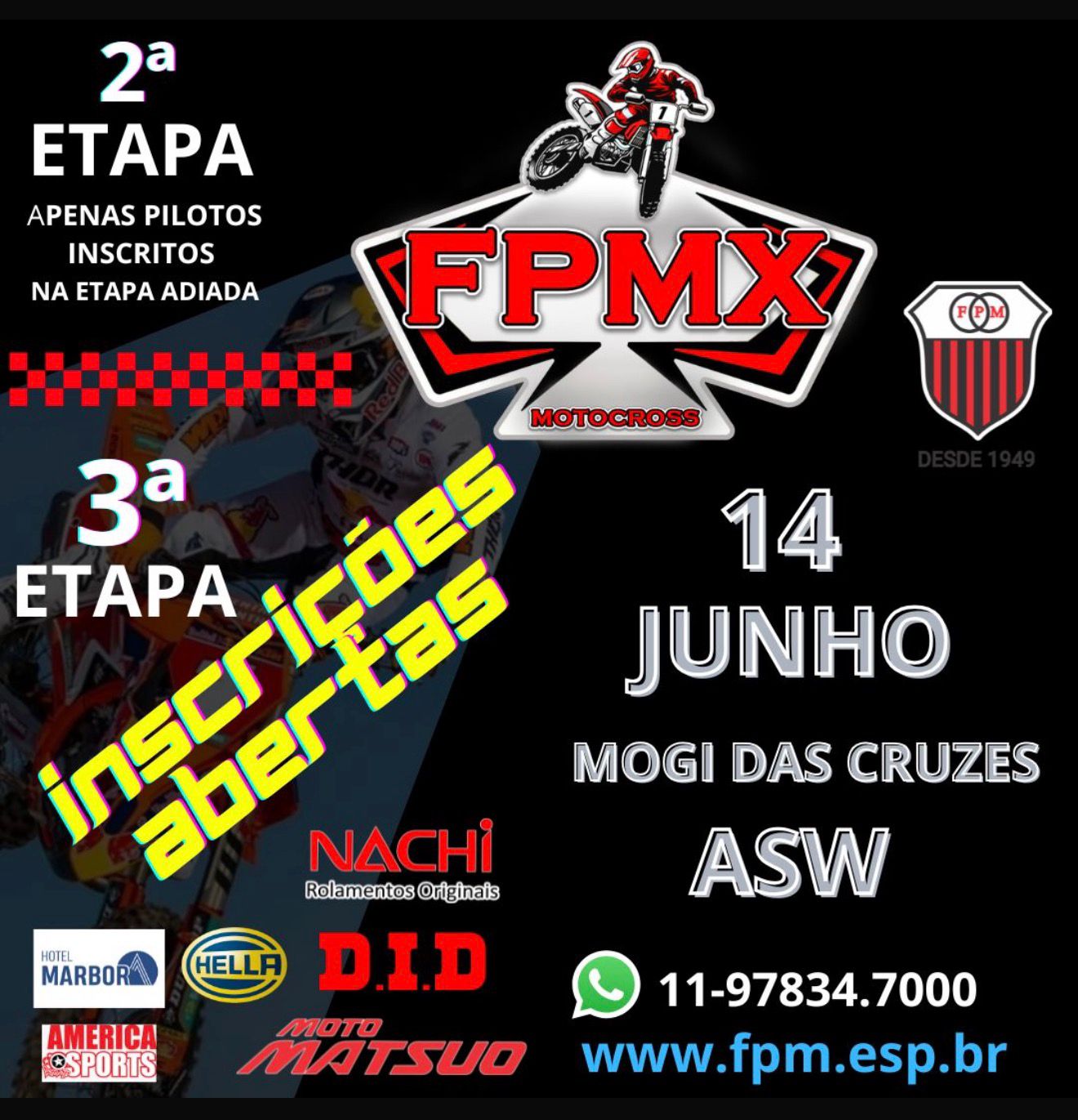 Inscrições online: 13/06/2026 e 14/06/2026  - MOGI DAS CRUZES - ASW CAMPEONATO PAULISTA FPMX MOTOCROSS 2026
